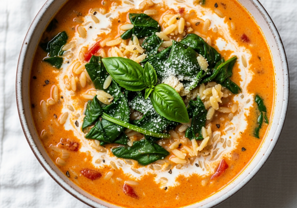 Creamy Tomato Spinach Orzo Soup
